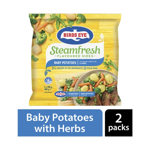 Birds Eye Frozen Steam Fresh Baby Potatoes With Broccoli Carrots Peas & Herbs 2 pack 400g