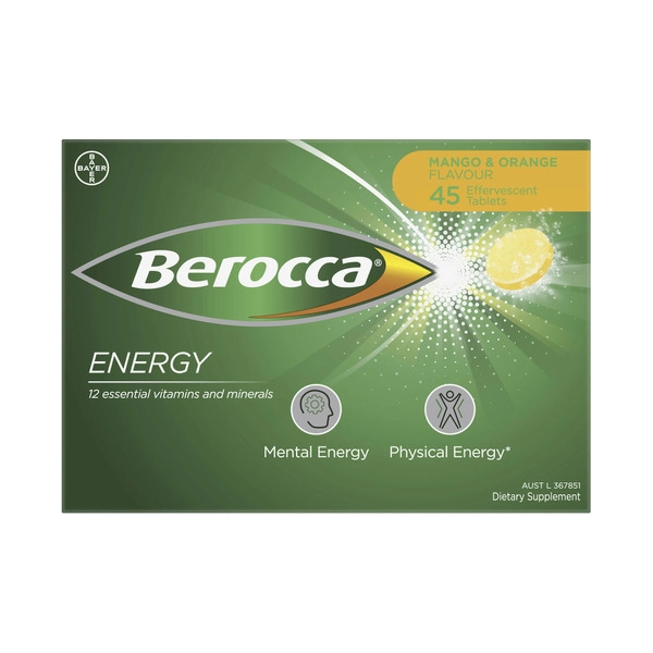 Berocca Energy Vitamin B & C Mango & Orange Flavour Effervescent Tablets 45 Pack