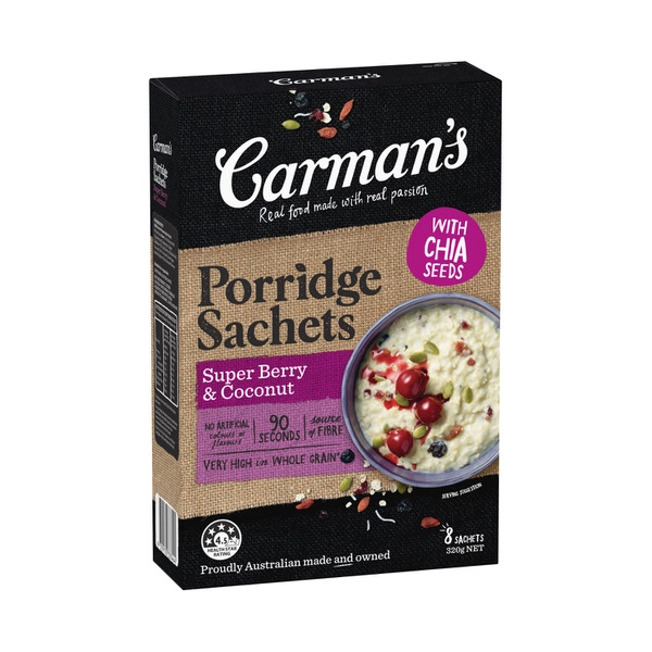 Carman's Porridge Sachets Super Berry & Coconut 8 Pack 320g