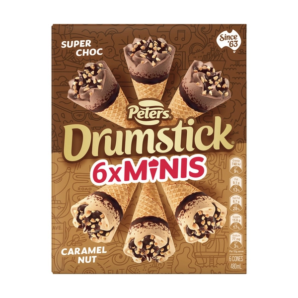 Peters Drumstick Minis PETERS DRUMSTICK MINIS SUPER CHOC & CARAMEL NUT CONES VARIETY 6 PACK 490ML 