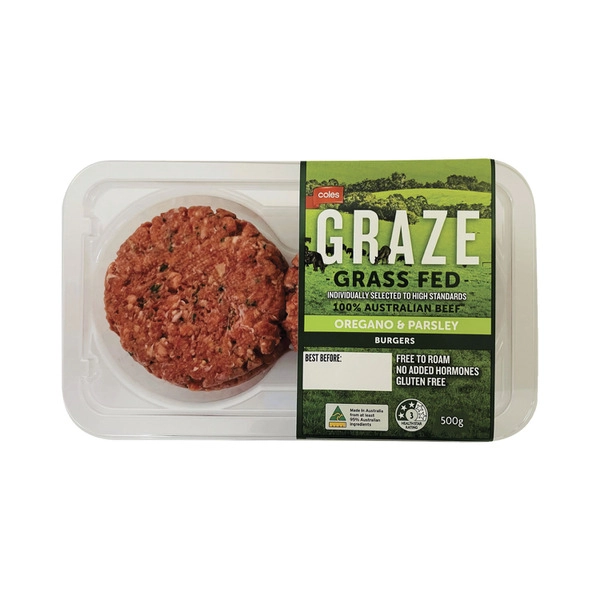 Coles Gluten Free Beef Burgers Graze Grass Fed Oregano & Fresh Parsley 500g