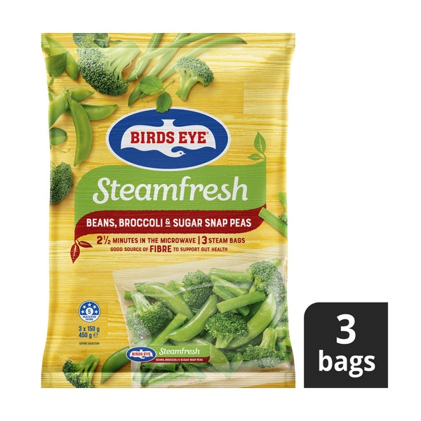 Birds Eye Frozen Steam Fresh Bean Broccoli & Sugar Snap Peas 3 pack 450g