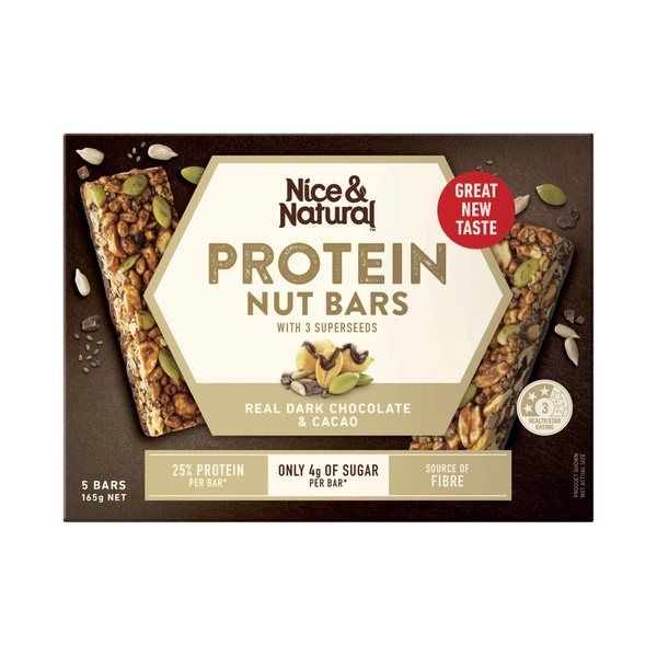 Nice & Natural Real Dark Chocolate & Cacao Protein Nut Bars 5 Pack 165g