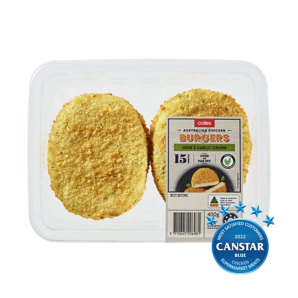 Coles RSPCA Approved Chicken Burgers Herb & Garlic Crumb 400g