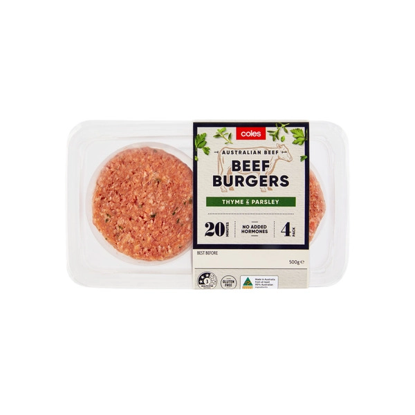 Coles Beef Thyme And Parsley Burgers 500g