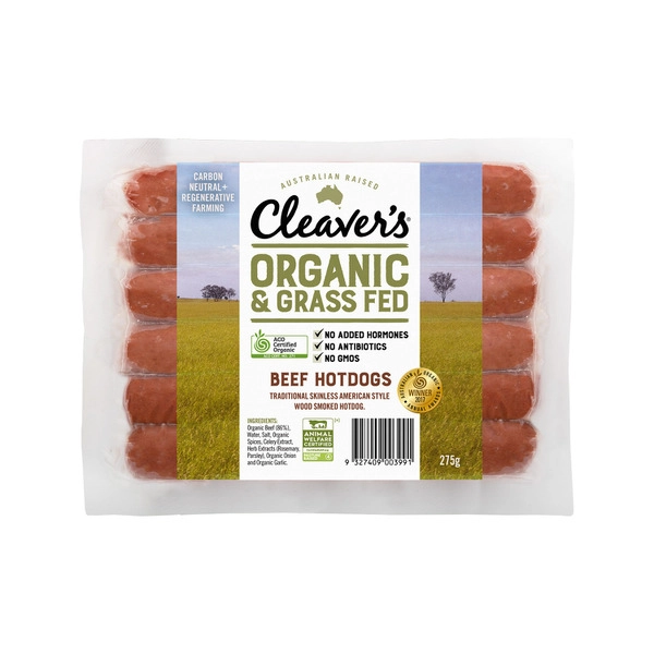 Cleaver's Organic Grass-Fed Beef Hotdogs Gluten Free 275g