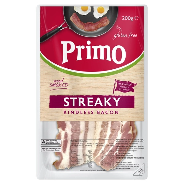 Primo PRIMO STREAKY RINDLESS BACON 200GRAM 