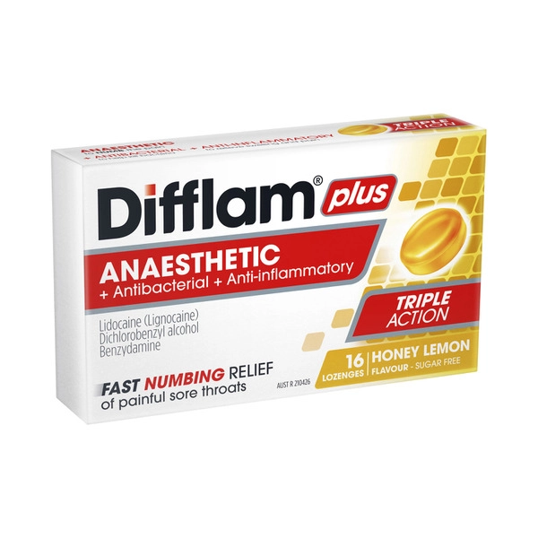 Difflam Plus Anaesthetic Honey And Lemon Flavour Lozenges 16 pack