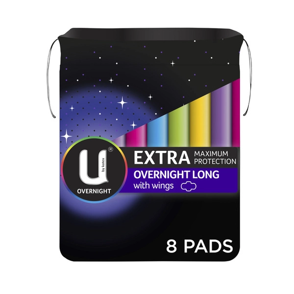 U By Kotex Maxi U BY KOTEX MAXI LONG OVERNIGHT PADS WITH WINGS 8 PACK. 