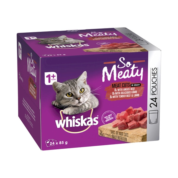 Whiskas So Meaty 1+ Years Wet Cat Food Meat Cuts In Gravy 85g Pouch 24 pack