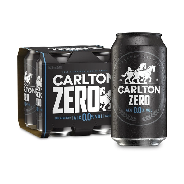 Carlton Zero 0.0% Non Alcoholic Beer Cans Multipack 375mL x 4 Pack 4 Pack