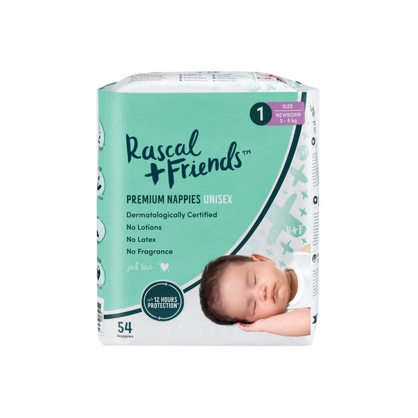 Rascals Premium Nappies Size 1 (3-5Kg) 54 Pack