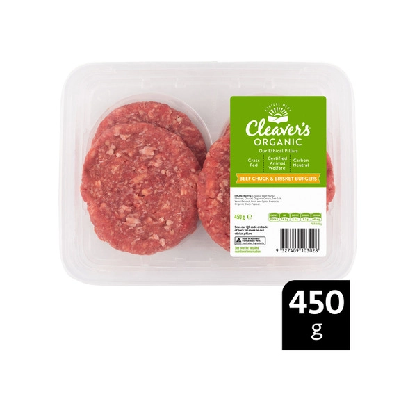 Cleaver's Organic Grass Fed Beef Burger Chuck & Brisket 450g