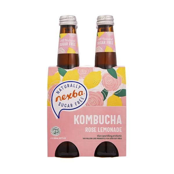 Nexba Kombucha Rose Lemonade Live Sparkling Probiotic Multipack Bottles 330mL 4 pack