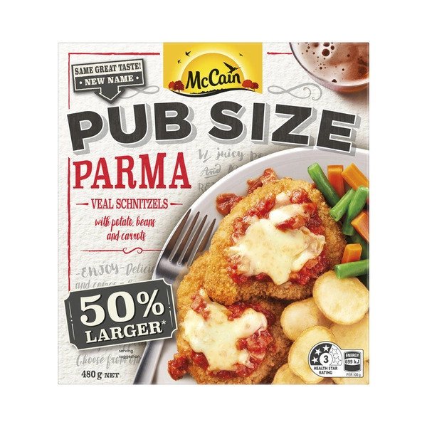 Mccain Pub Size Parma MCCAIN PUB SIZE PARMA VEAL SCHNITZELS & VEG 480GRAM 