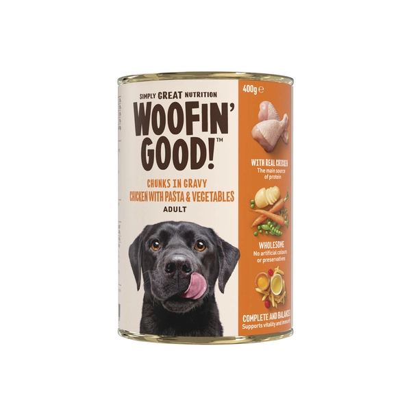 Woofin Good Chunks In Gravy Chicken Pasta & Veg Dog Food 400g