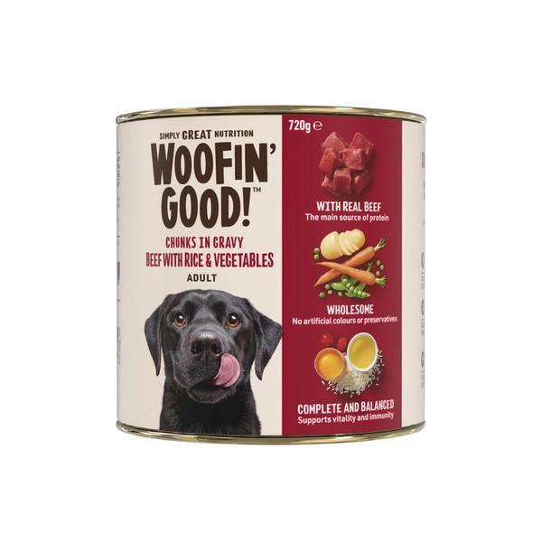 Woofin Good Chunks In Gravy Beef Rice & Veg Dog Food 720g