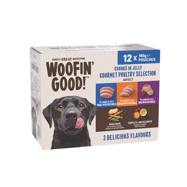 Woofin Good Chunks In Jelly Mixed Selection Chicken- Duck & Turkey Pouches Dog Food 12x100g 12 pack