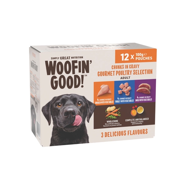 Woofin Good Chunks In Gravy Mixed Selection Chicken- Duck & Turkey Pouches Dog Food 12x100g 12 pack