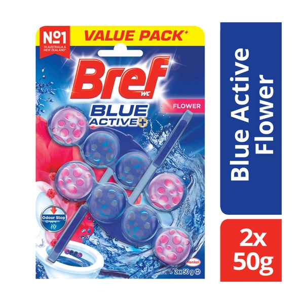 Bref Blue Active Rim block Toilet Cleaner Fresh Flowers Twin Pack 2x50g 100g