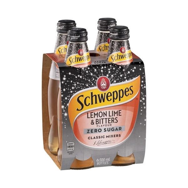 Schweppes Zero Sugar Lemon Lime Bitters Soft Drink Classic Mixers Multipack Bottles 300mL x 4 Pack 4 pack