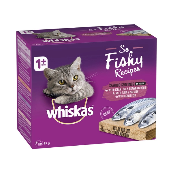 Whiskas So Fishy Recipes Adult Wet Cat Food Seafood Servings In Jelly Pouches 12x85g 12 pack