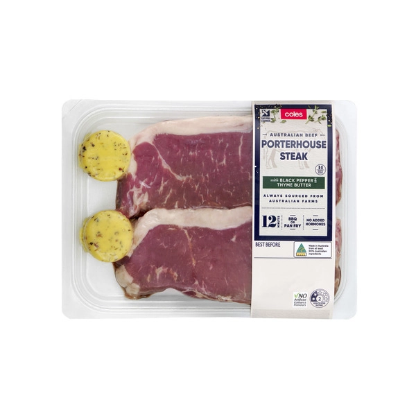 Coles No Added Hormone Beef Porterhouse Steak With Thyme And Pepper Butter 500g