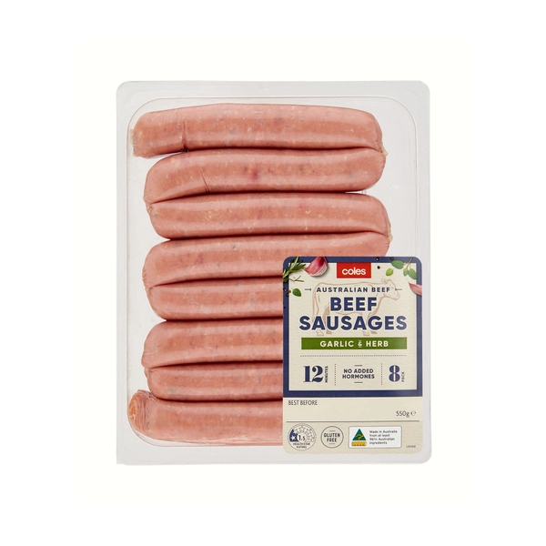 Coles Beef Garlic & Herb Sausages 550g