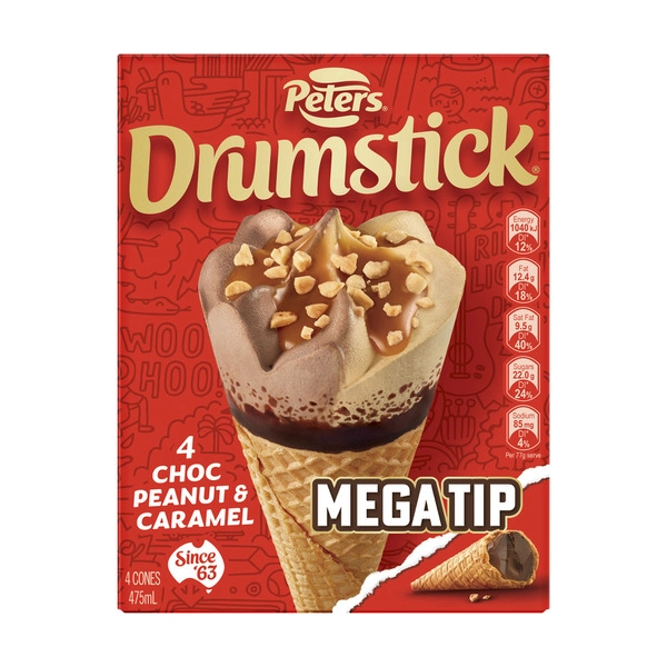 Drumstick Ice Cream Choc Tip Caramel Choc Peanut 4Pack 476mL