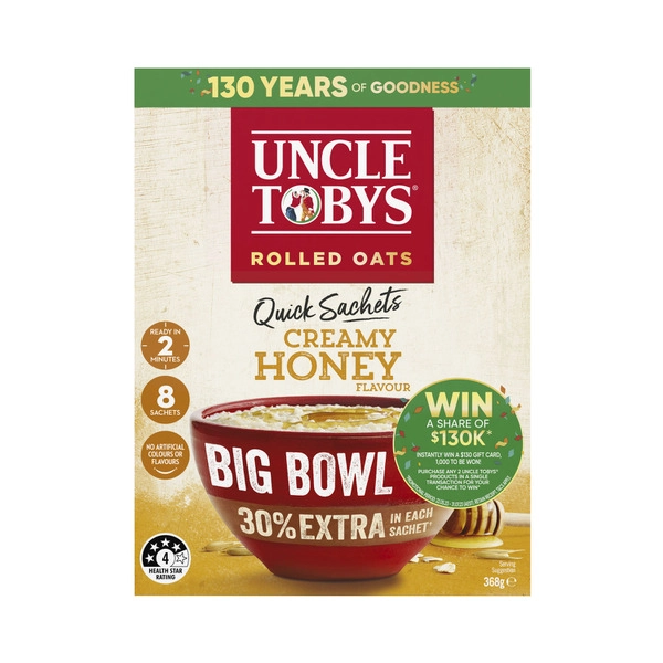 Uncle Tobys Oats Quick Sachets Breakfast Cereal Creamy Honey Big Bowl 368g