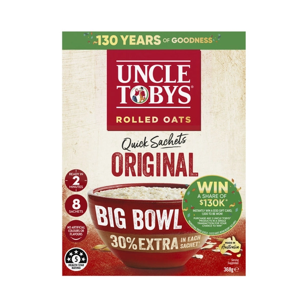 Uncle Tobys Oats Quick Sachets Breakfast Cereal Original Big Bowl 368g