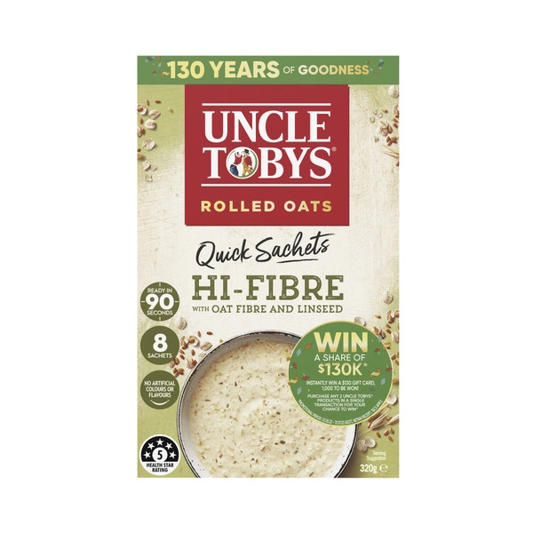 Uncle Tobys Oats Quick Sachets Breakfast Cereal Hi Fibre 320g