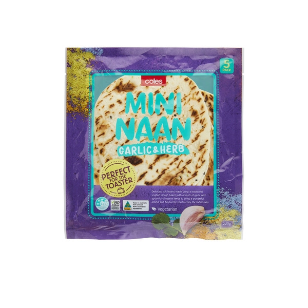 Coles Mini Toasty Garlic And Herb Naan 5 Pack 225g