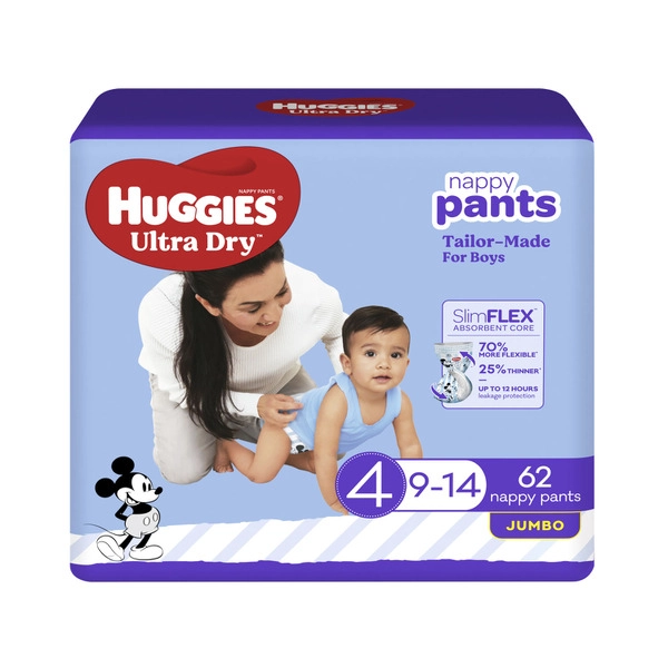 Huggies Ultra Dry Nappy Pants Boy Size 4 (9-14kg) 62 pack