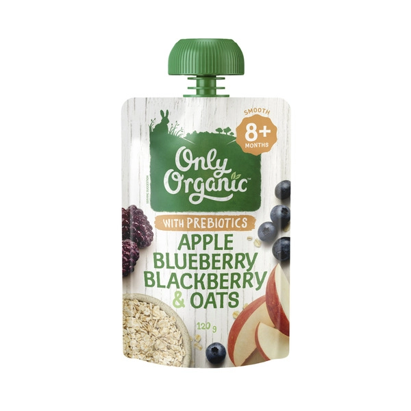 Only Org Apple Blueberry ONLY ORGANIC APPLE BLUEBERRY BLACKBERRY OAT + PREBIOTICS 8M+ 120G 