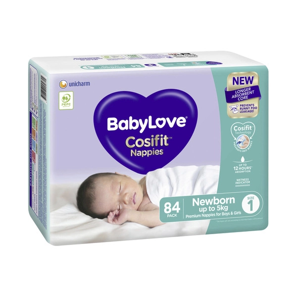 Babylove Cosifit Newborn Nappies Size 1 (Up To 5Kg) 84 pack