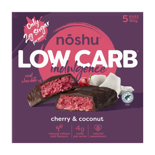 Noshu Low Carb Cherry And Coconut Indulgence Bars 160g