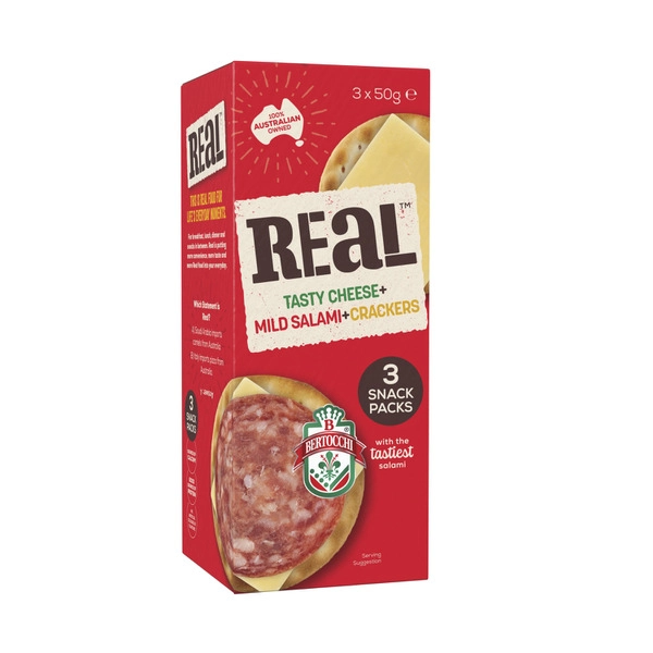 Real Tasty Cheese Mild Salami & Crackers 3 Pack 150g