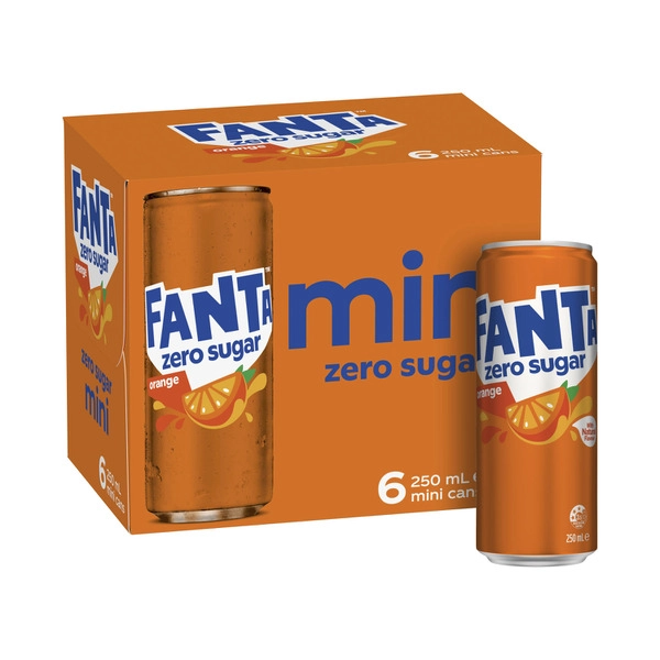 Fanta Orange Zero Sugar Soft Drink Mini Cans 6x250mL 6 Pack