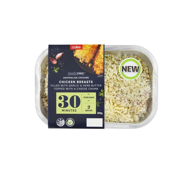 Coles Made Easy Chicken Breasts Filled With Garlic & Herb Butter Topped With A Cheese Crumb 500g