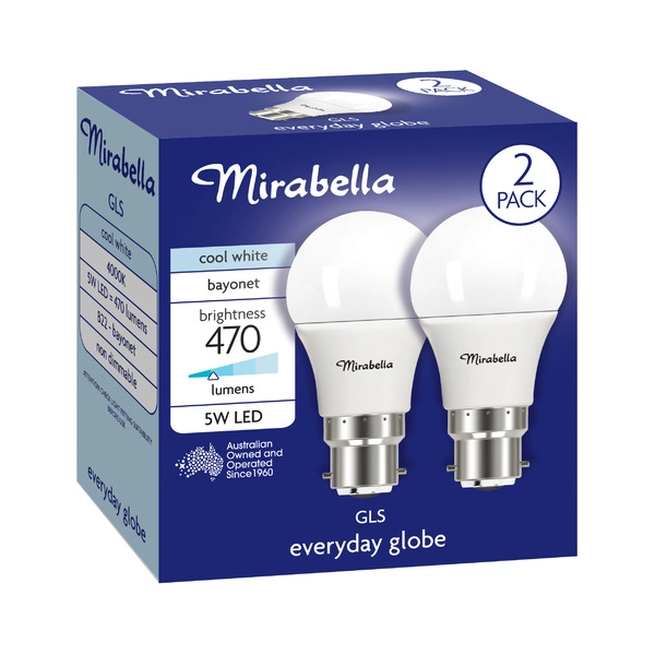 Mirabella Led Gls BC 5W 470LUM 4000K Cool White 2 pack