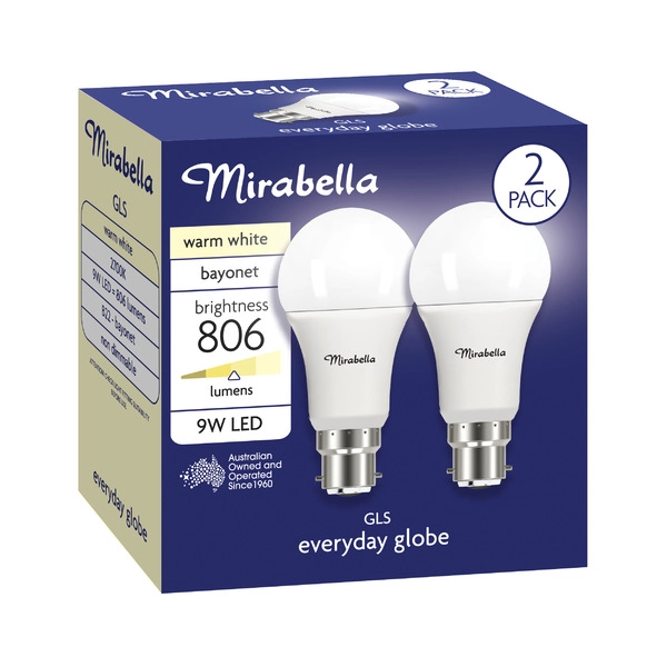 Mirabella Led Gls BC 9W 806LUM 2700K Warm White 2 pack