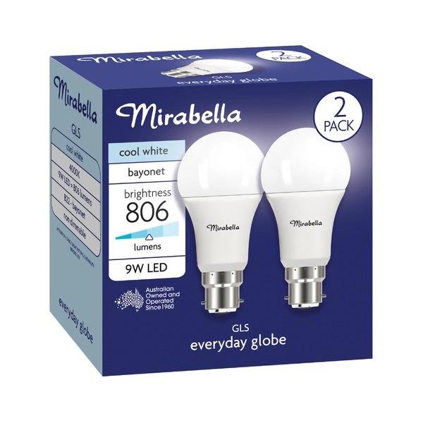 Mirabella Led Gls BC 9W 806LUM 4000K Cool White 2 pack