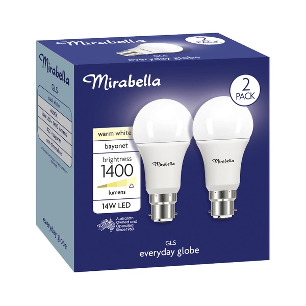 Mirabella Led Gls BC 14W 1400LUM 4000K Cool White 2 pack