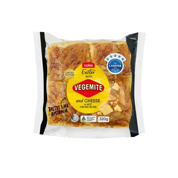 Coles Vegemite And Cheese Hot Cross Buns 4 Pack