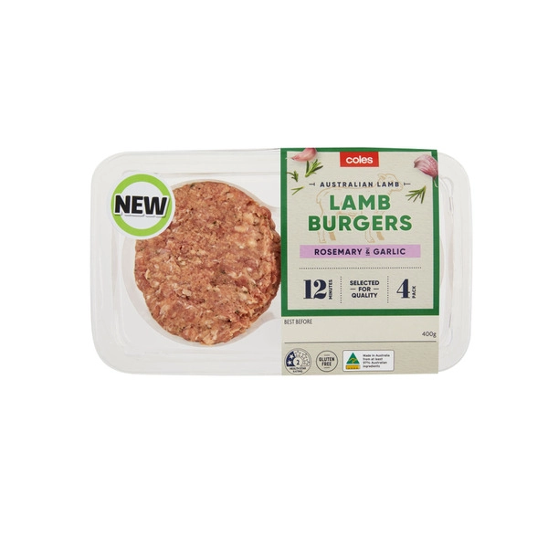 Coles Lamb Burgers COLES LAMB BURGERS WITH ROSEMARY AND GARLIC 400G 4 PACK 