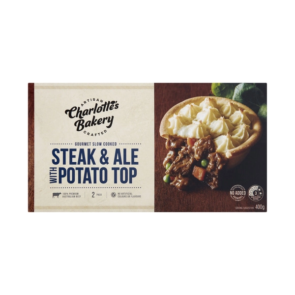 Charlotte'S Bakery Slow Cooked Beef & Ale Potato Top Pies 2 Pack 400g