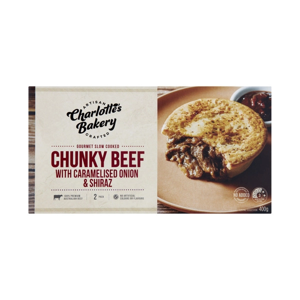 Charlotte'S Bakery Slow Cooked Beef Shiraz & Onion Pies 2 Pack 400g