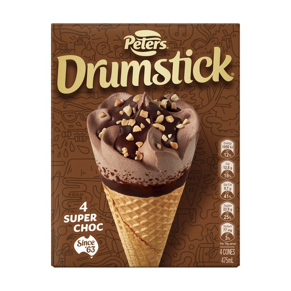 Peters Drumstick Super Choc Cones 4 Pack 475mL