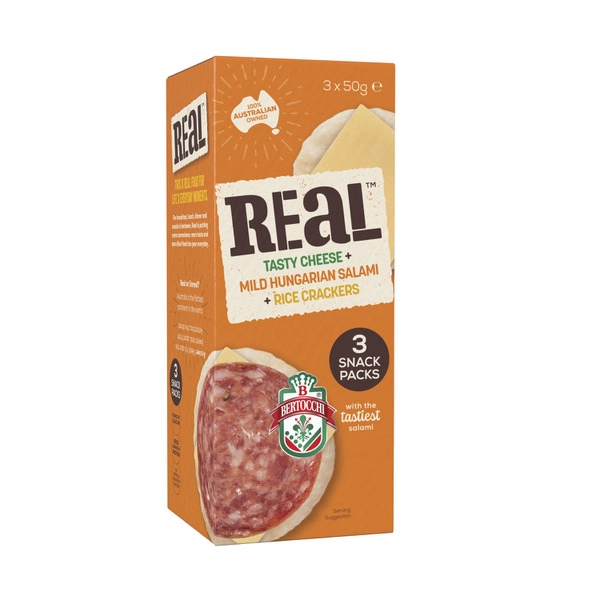 Real Tasty Cheese Hungarian Salami & Rice Crackers 3 Pack 150g